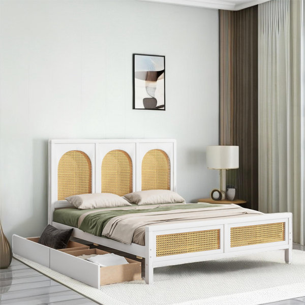 Bayou Breeze Arrellano Natural Style Platform Storage Bed with Rattan Headboard and Footboard